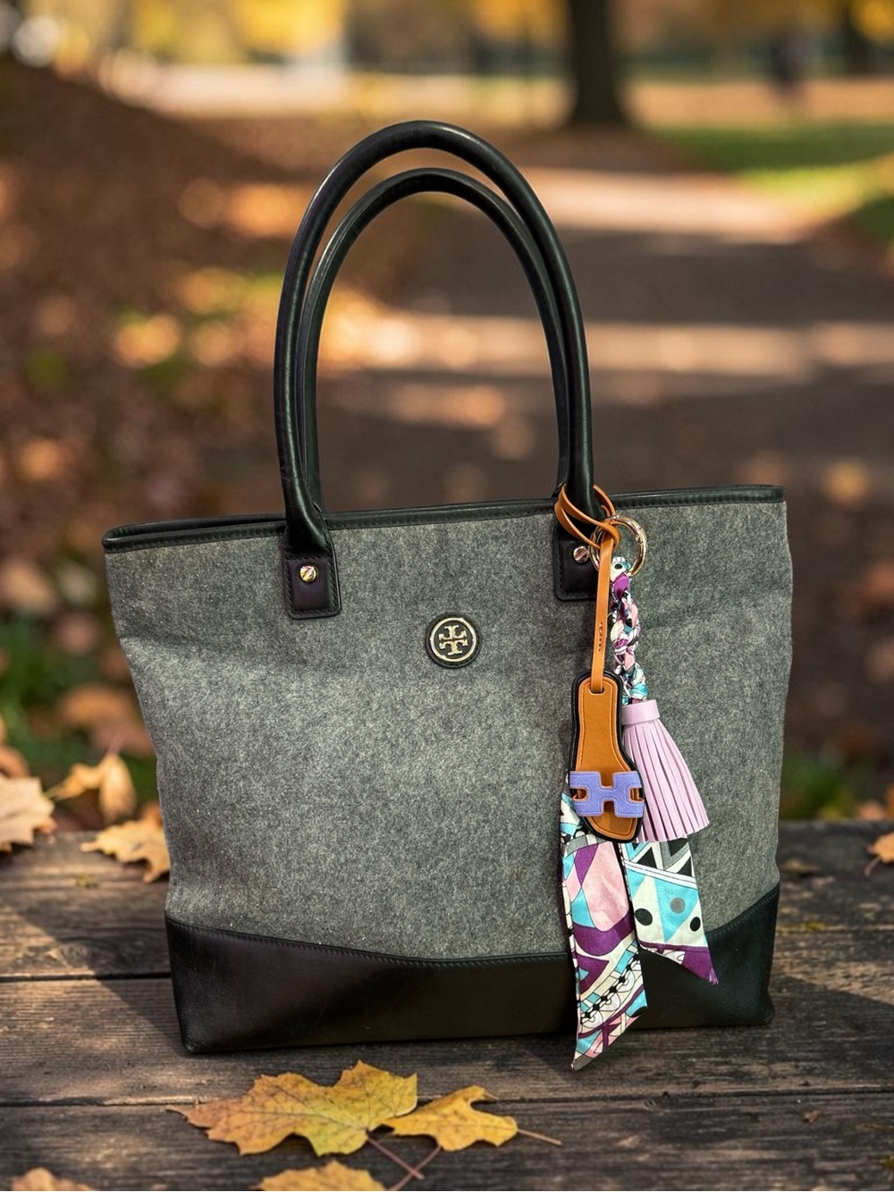 Tory Burch Gray Felt Tote with Black Leather Trim and Colorful Tassel Charm